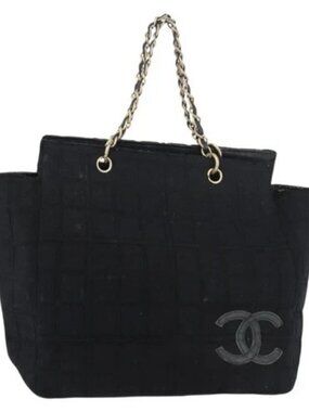 CHANEL Chain Hand Bag Cotton Black Gold CC Auth bs23972